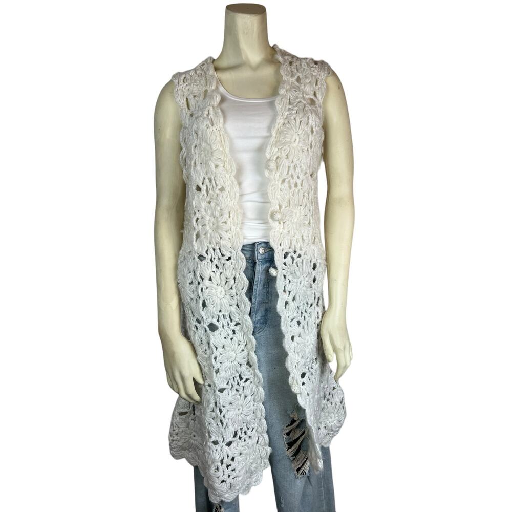 Camford Vintage Floral Crochet Sweater Vest Duster Boho Open Knit Layering Vtg